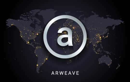 Arweave (AR) cryptocurrency logo against a global background